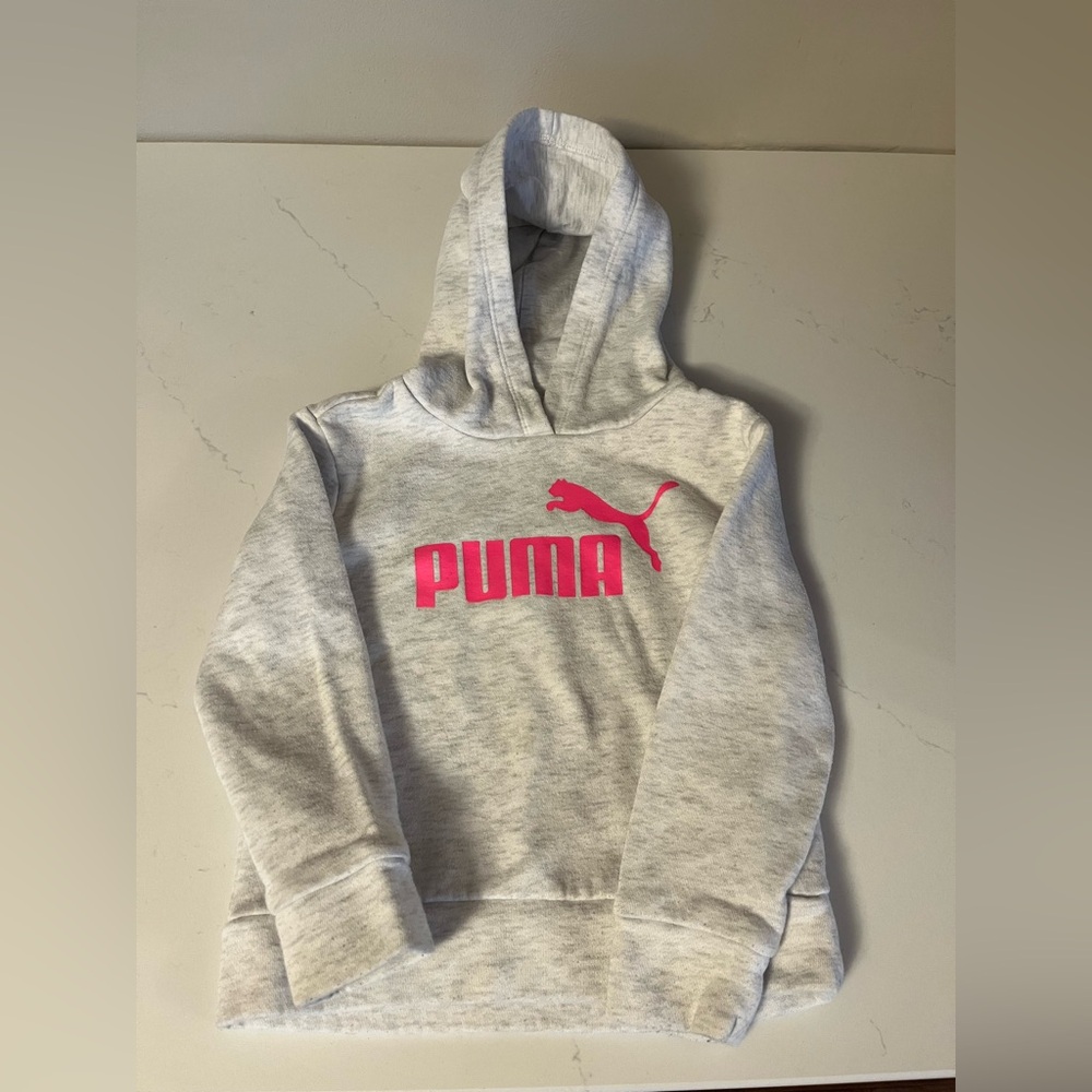 PUMA Kids Light Gray Hoodie with Bright Pink Logo
